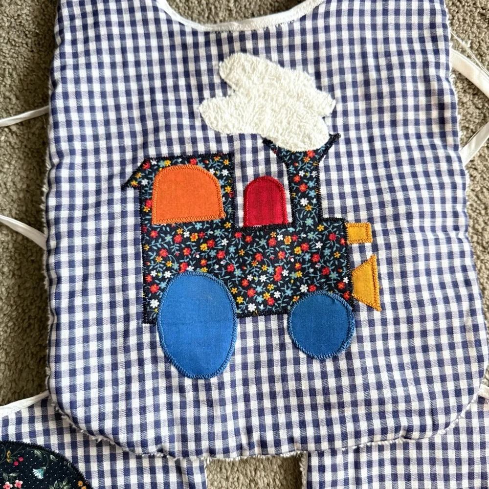 🍓 Handmade Blue Gingham Floral Travel Terry Cloth Tie Back Bibs (3 Pack)